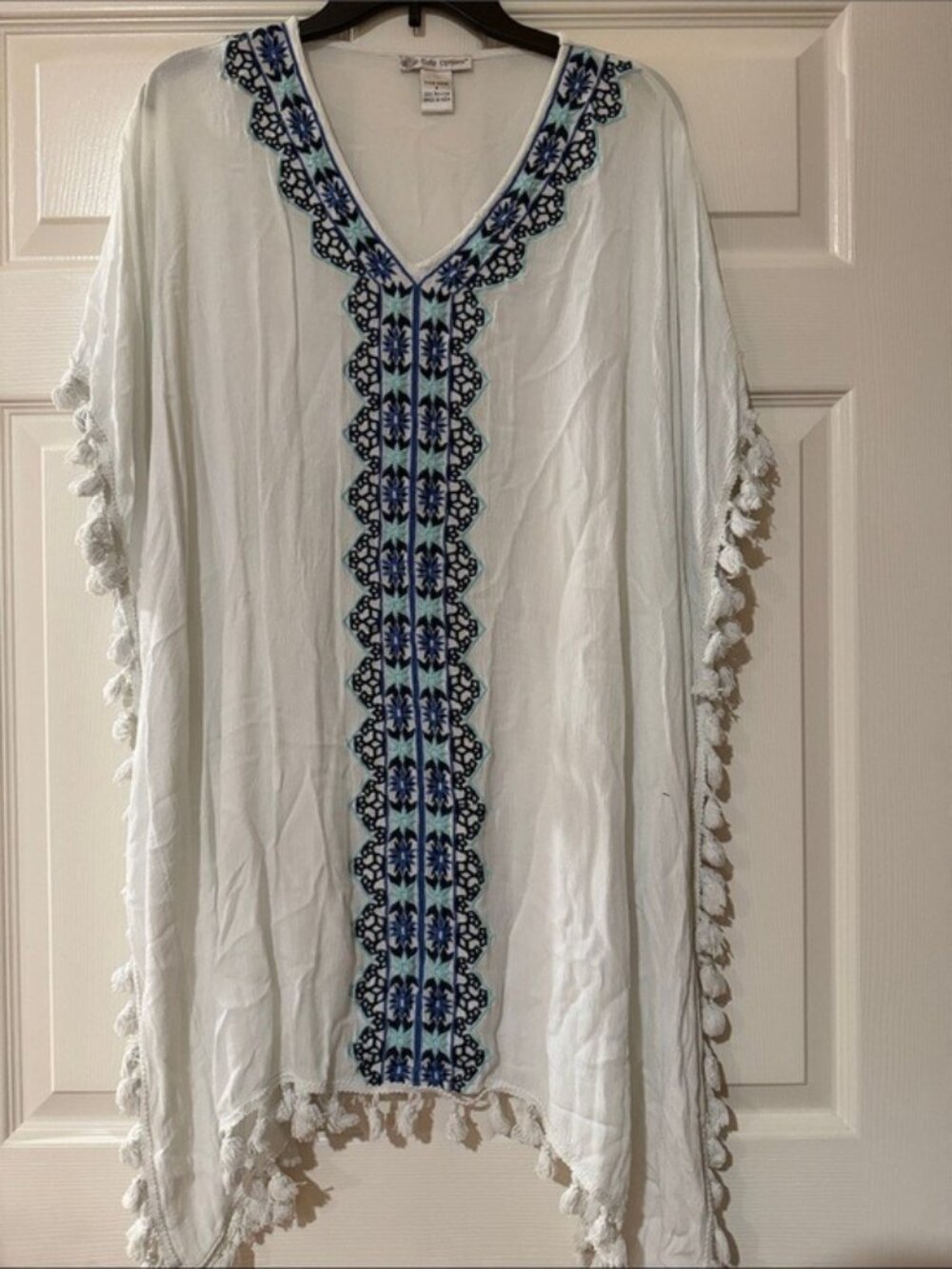 Cute Options Womens White Tassel Kaftan Cover-Up With Blue Embroidery Size S 100